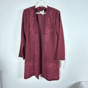 Clara Womens Embroidered Open Front Duster Cardigan Sweater Medium Burgundy New
